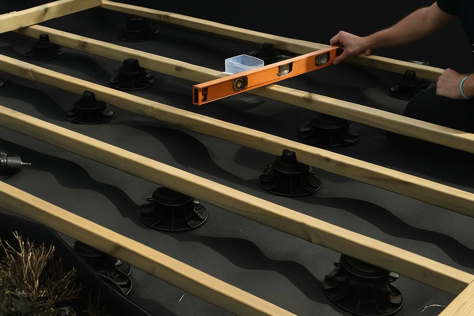 Lambourdes posées sur plots réglables PloTerrasse, réglage au niveau